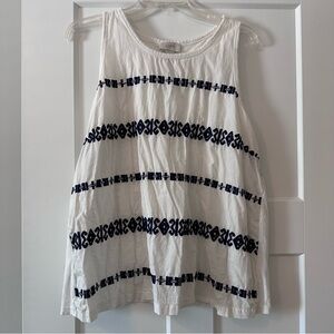 LOFT Embroidered Swing Tank Top XL White Blue 100% Cotton Boho